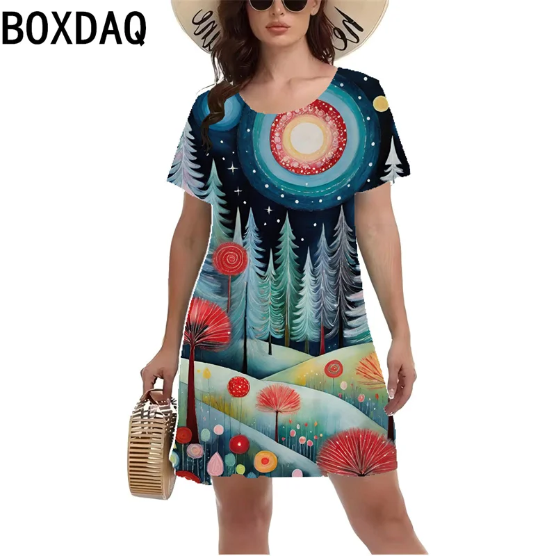 Women Short Sleeve O-Neck Casual Dress 3D Art Oil Painting Landscape Pattern Printing A-line Dress Big Size 3XL Female Vestidos