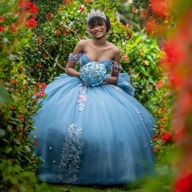 

blue Quinceanera Dress Lace glitter decal Tull ruffle 3D flower Big Bow vestidos de 15 Quinceanera ﻿Customized