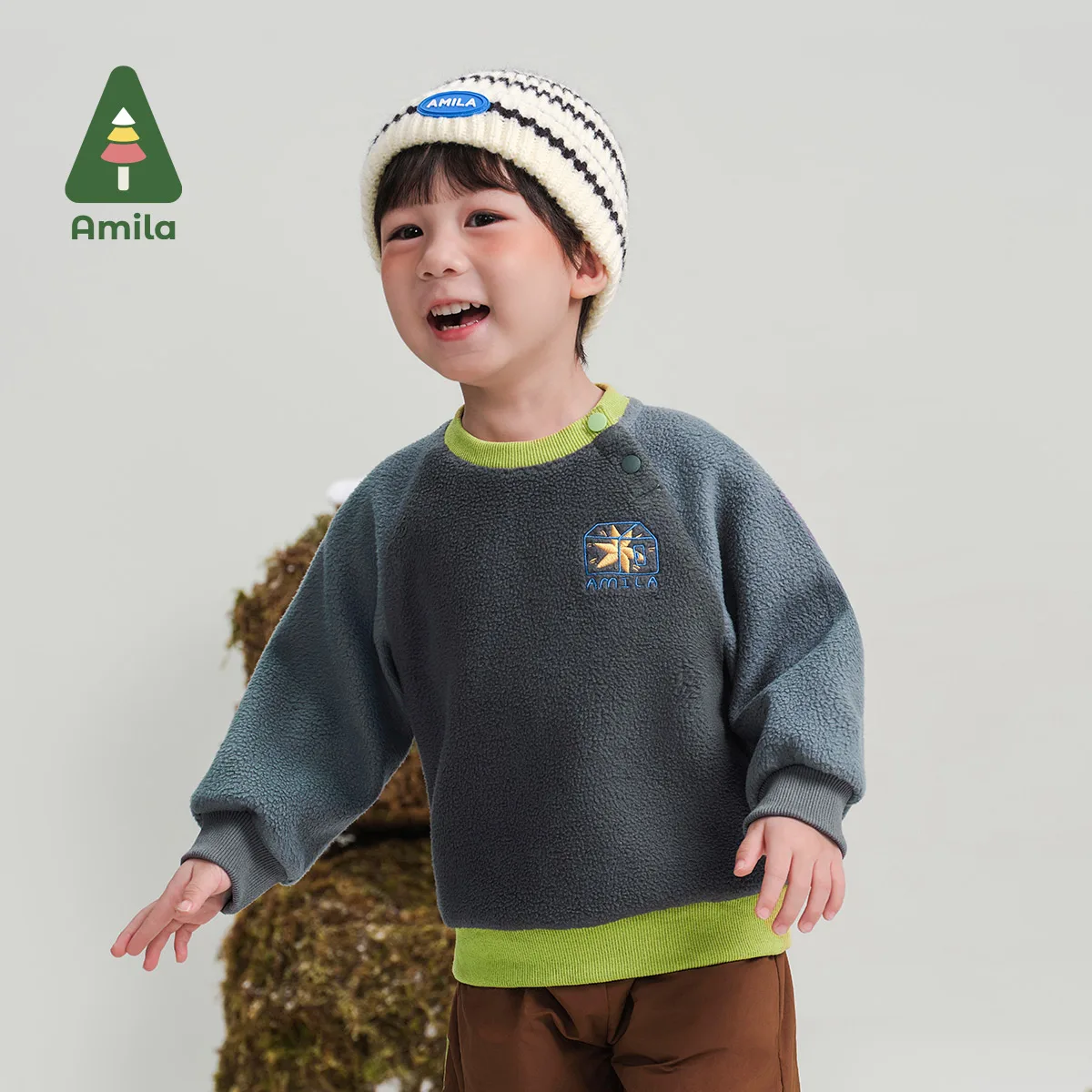 Amila Baby Sweatshirt 2024 Winter New Boys Contrast Color Star Pattern One-Piece Velvet Warm Loose Casual Children\'s Pullover