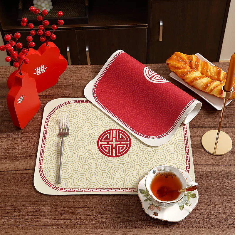 30x40cm Chinese style red printed place mats square heat-insulating pads pu leather bowl coaster table mat