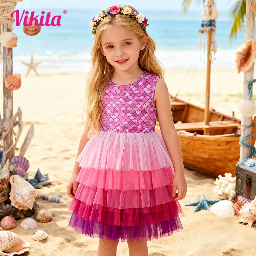 VIKITA Girls Princess Style Mermaid Scale Dress Pink Purple Fluffy Tulle Layers Elastic Waist Kids Birthday Party Kids Clothes