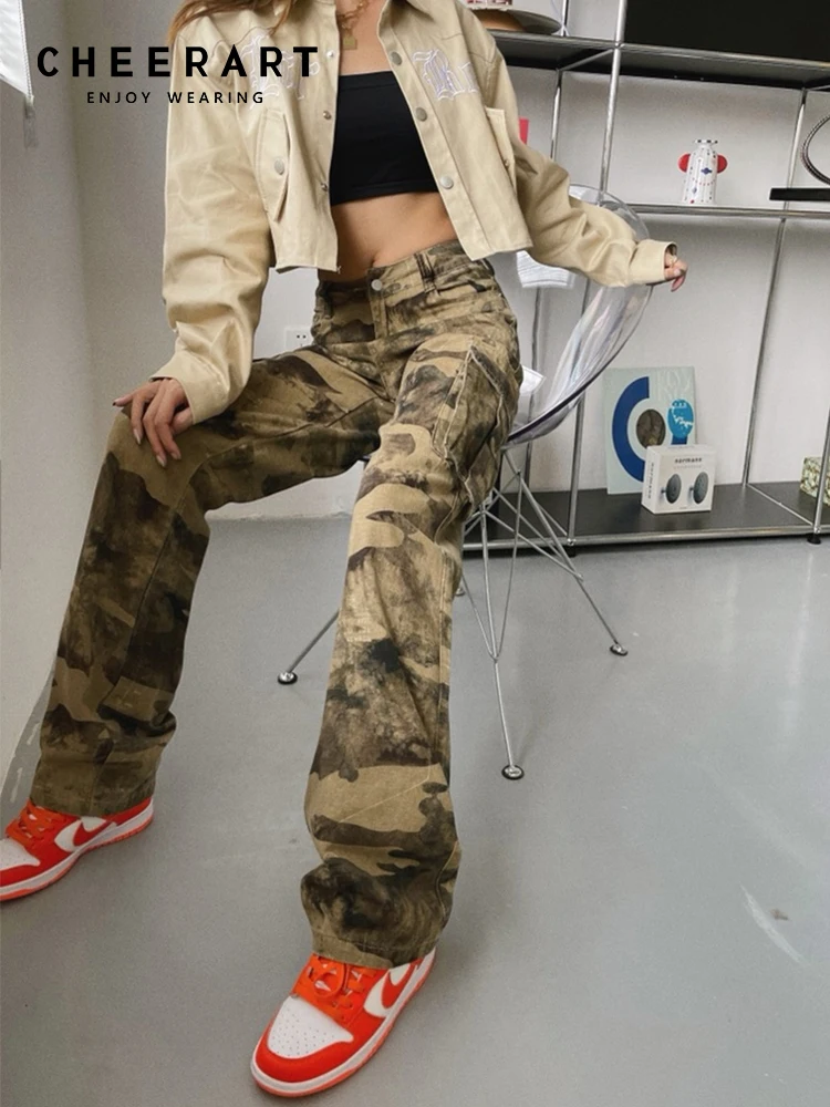 

CHEERART Camouflage Camo Cargo Pants Low Rise Jeans Woman Denim Trousers Straight Leg Jeans Winter Pants Women Bottoms