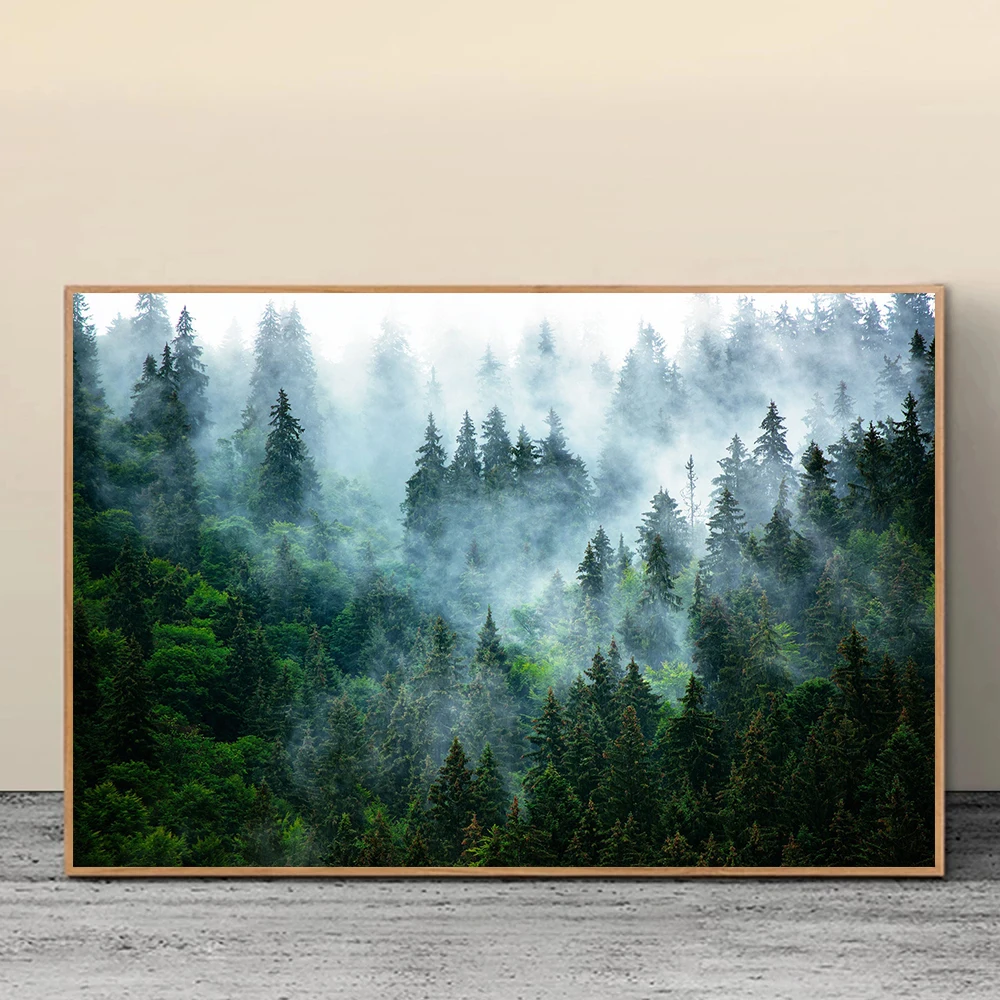 Modern Green Forest Foggy Fantasy Trees Mountain Landscape Art Poster Canvas Painting Wall Prints Picture for Room Home Decor