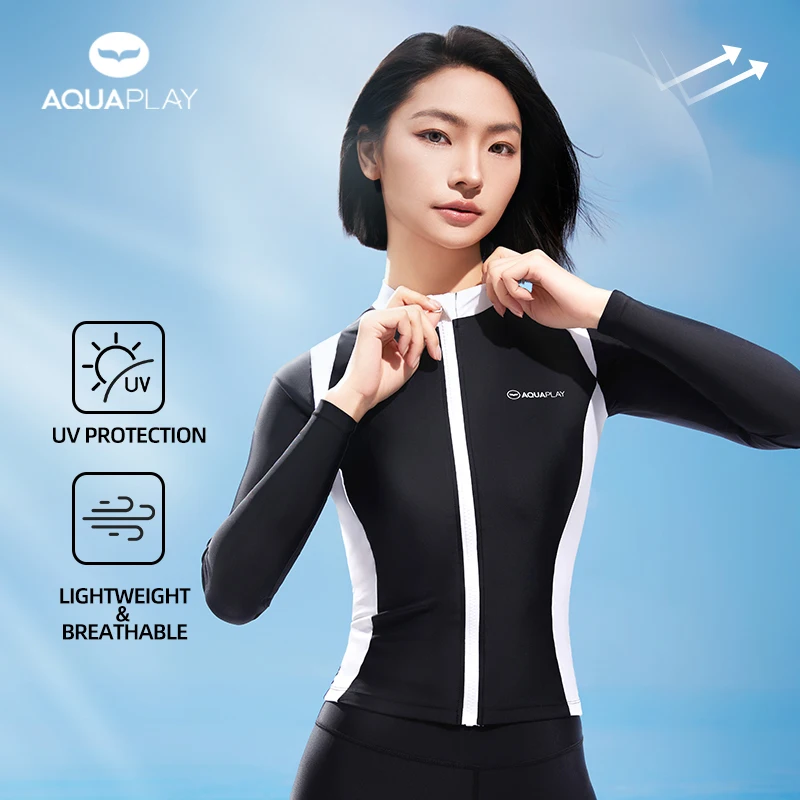 

AquaPlay Women Quick Dry Training Yoga Set Hooded Long Sleeve Zipper Rash Guard Fitness Fashion Activewear Breathable Top
