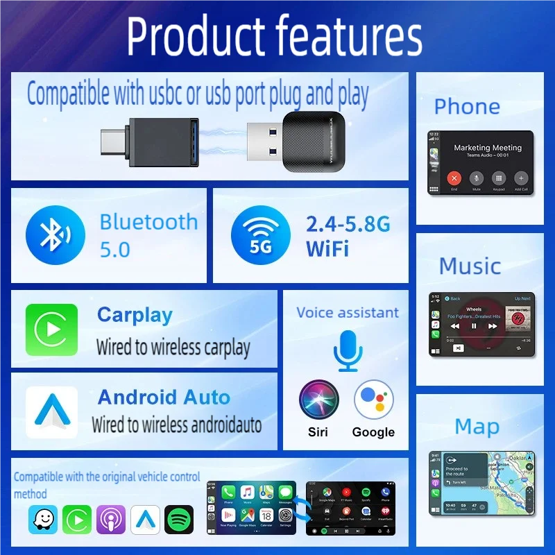 Новый мини-2 в 1 проводной к беспроводному Carplay Android автоматический адаптер автомобильный гаджет Smart Box Plug and Play 5 ГГц Wi-Fi быстрое подключение