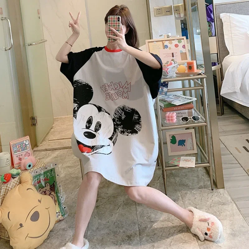 Cartoon Mickey Duck Fashion Print Summer Short Sleeve Nightdress Pajamas Women\'s Summer Long Skirt Loose Home Wear Pajamas