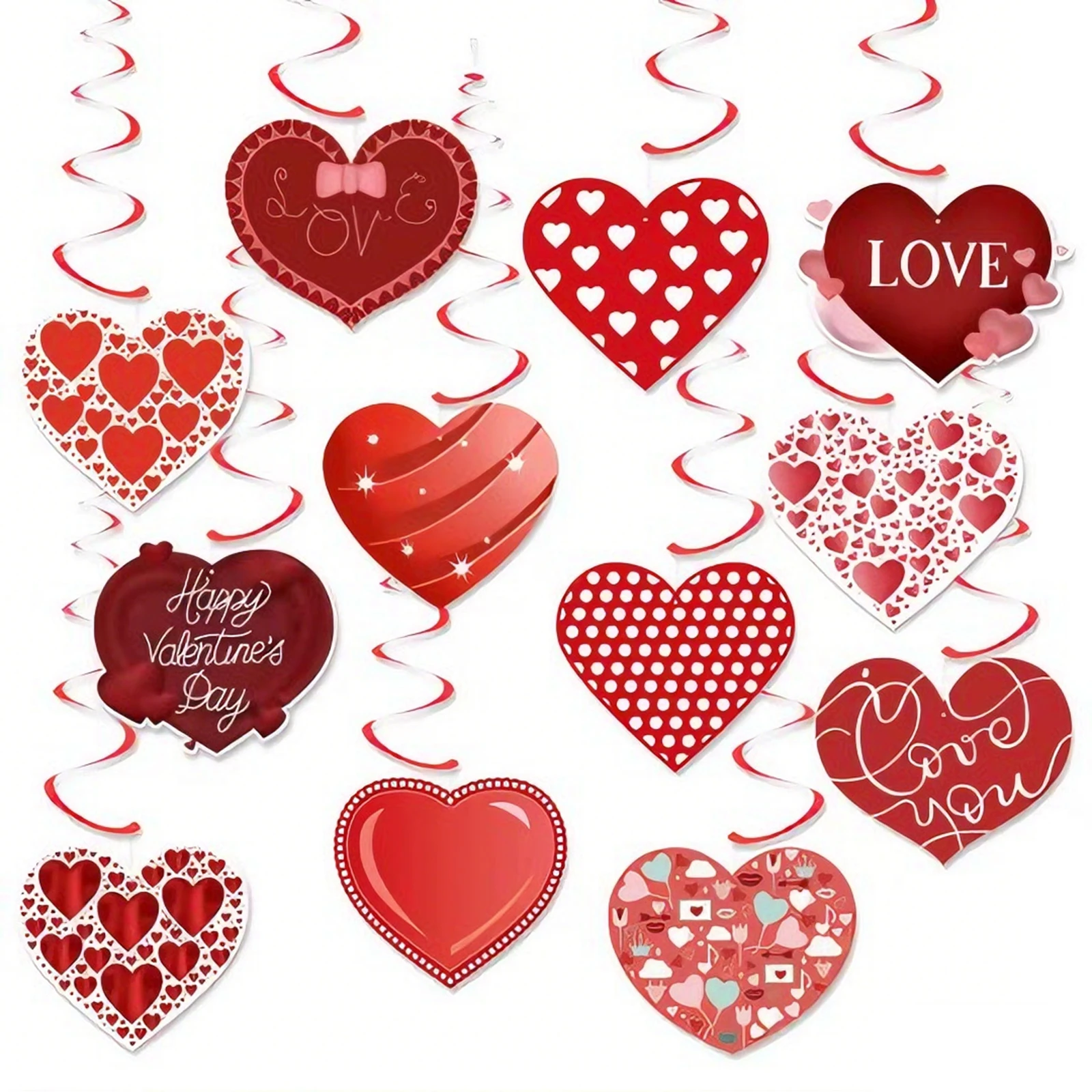 12Pcs Valentines Day Party Decorations Hanging Heart Swirls Ceiling Ornaments for Holiday Anniversary Party Supplies