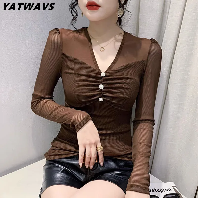 

Streetwear Girl Autumn Sexy V-Necks T-Shirt European Clothes Chic Button Glitter Diamonds Women Long Sleeves Slim Mesh Tops Tees