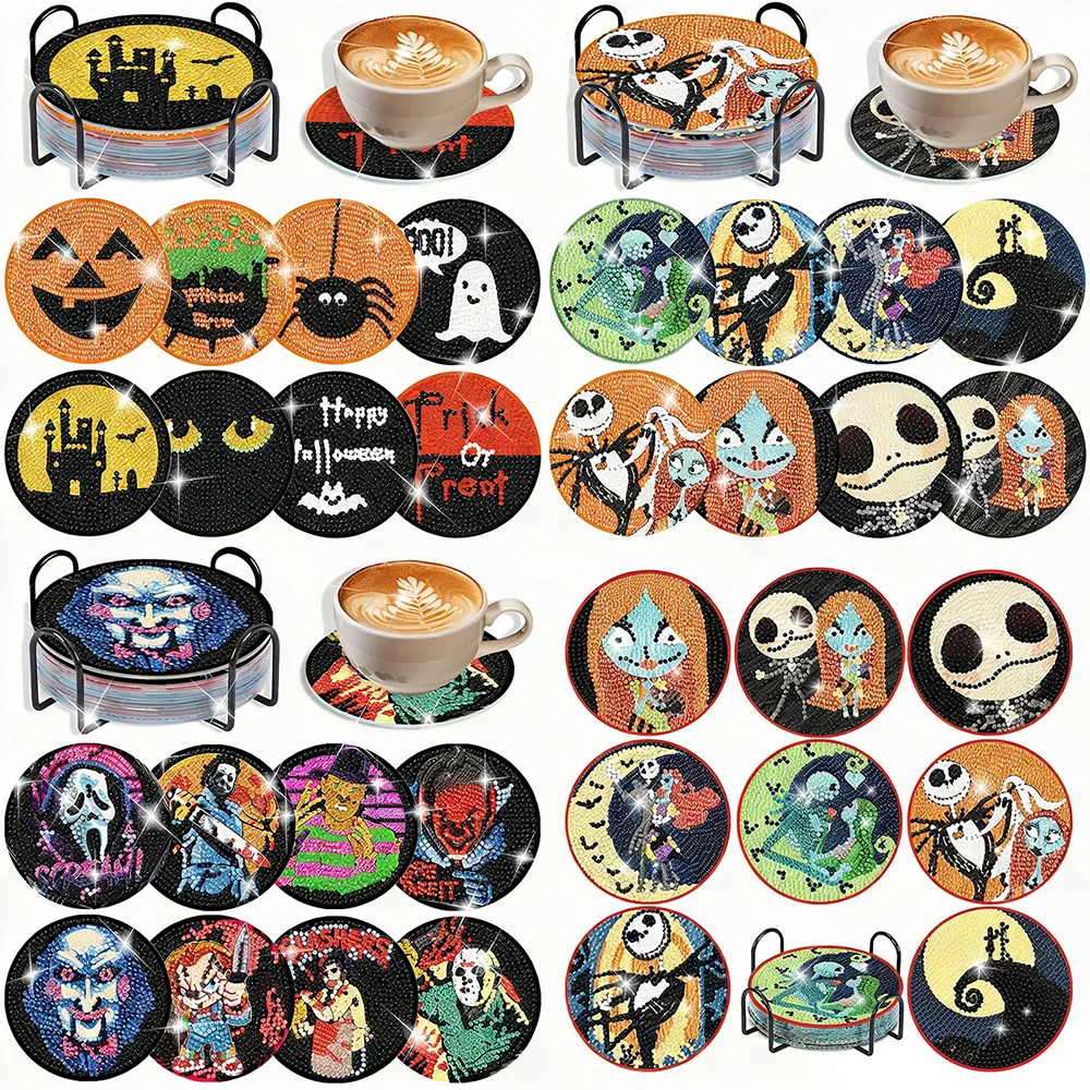 

Clown Horror Personality Punk style Skull Pattern Halloween Diamond Painting Coasters with Holder DIY Cartoon Souvenirs