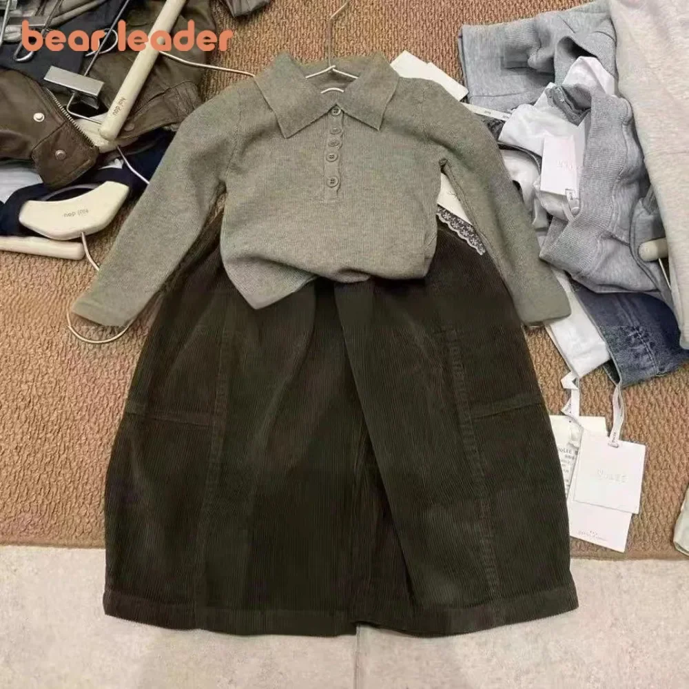Bear Leader Fashion Street Style Solid Color Girls Clothes Spring and Autumn Korean Version Gray Long Sleeved Top+Wide Leg Pants