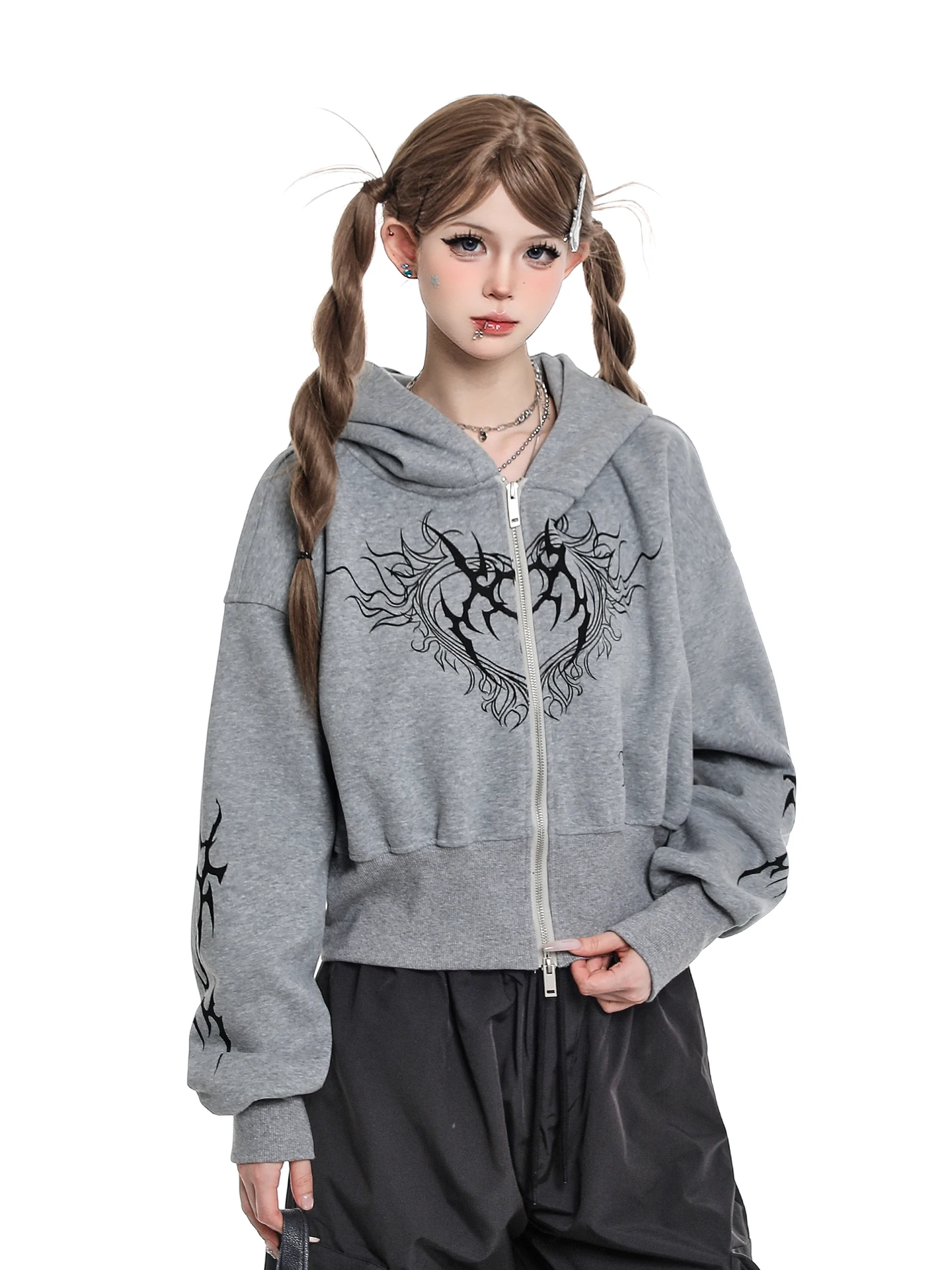 American Gothic Style Printed High Waist Hoodie Women's Loose Lazy Style All Match Open Cardigan Coat Street Style Short Length
