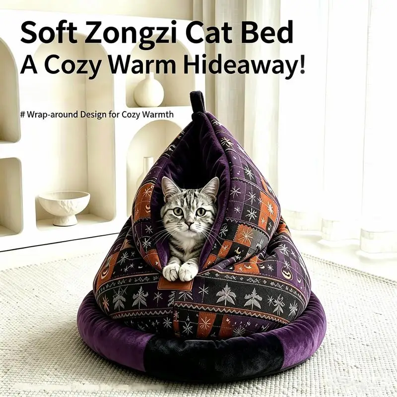 Christmas Halloween Plaid Triangle Cat Cave Bed Warm Semi-enclosed Pet Nest Zongzi Shape Sleeping House for Cats Small Dogs