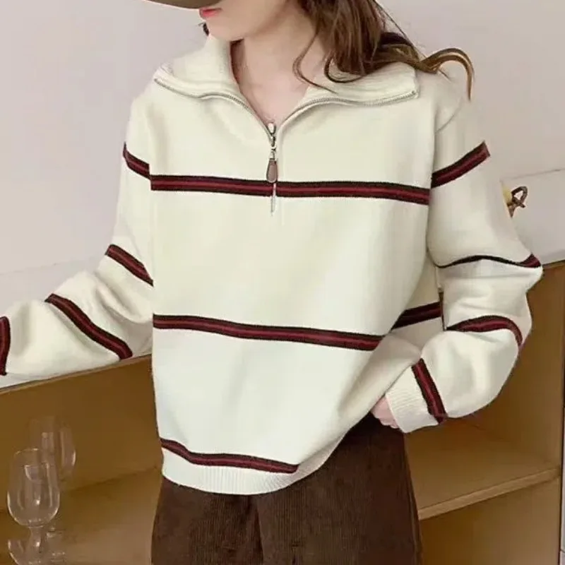 Autumn Winter Half Open Collar Zipper Striped Sweater Knitted Lantern Long Sleeve Women's Clothing Pullover Fashionable Tops