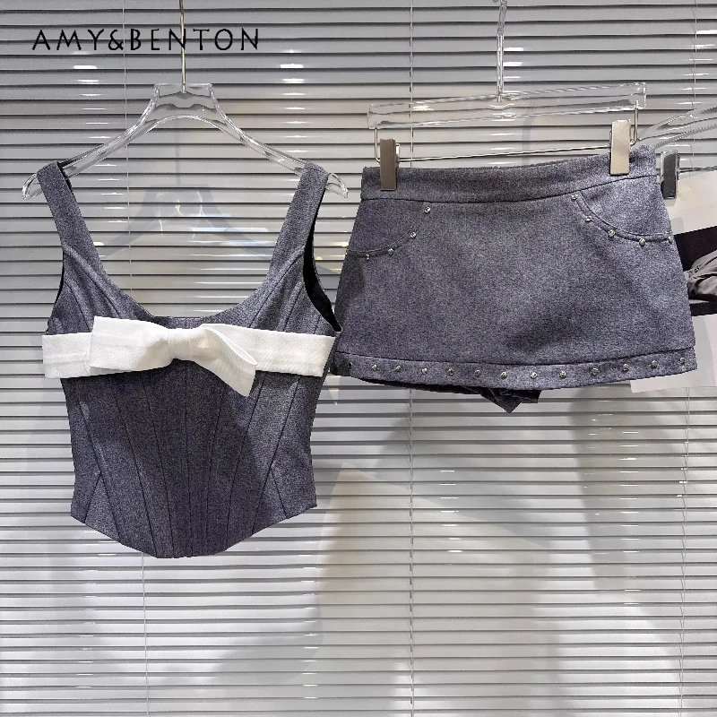 

2026 Summer New Three-dimensional Bow Women's Sling Vest Original Design Sweet Cool Fashion Personalized Rivet Skirt Suit Ladies