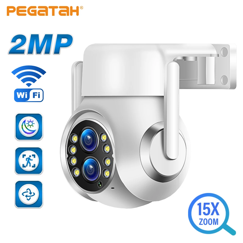 PEGATAH 2K 4MP WiFi IP Camera 15X Zoom Dual Lens 4mm -12mm PTZ Outdoor AI Human Tracking 2-Way Audio Smart Home Security Cameras