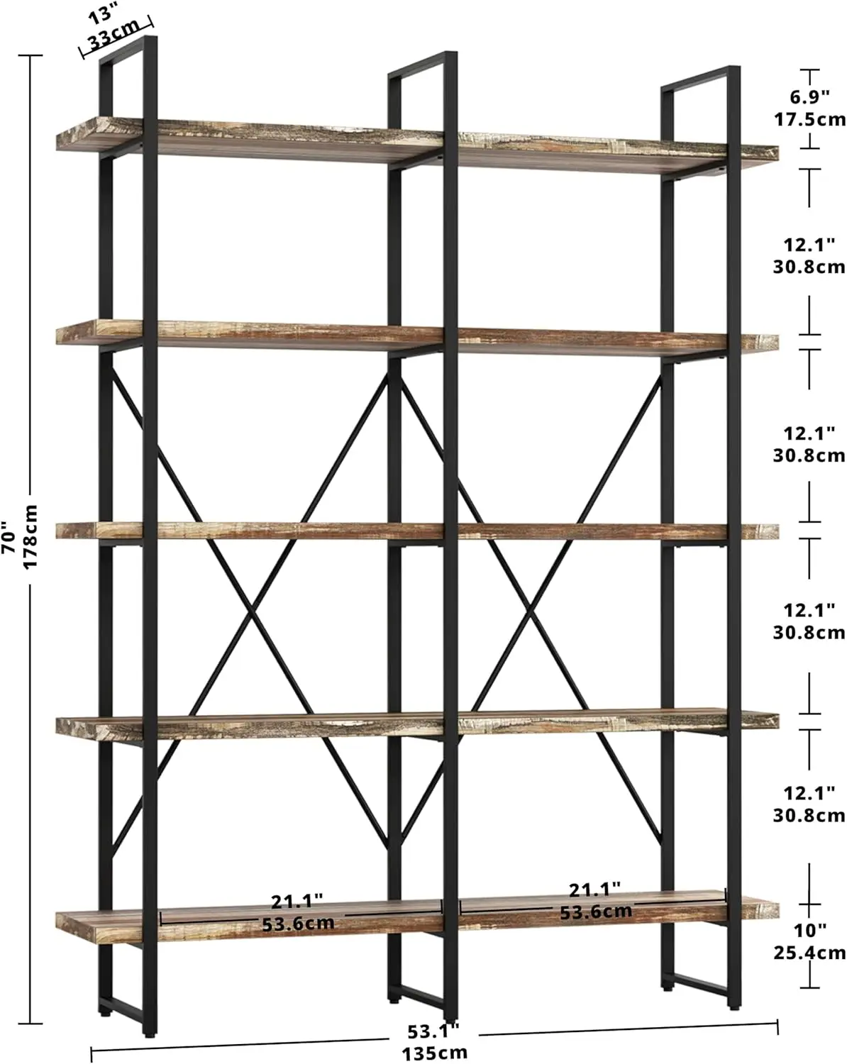 Bookshelf, Double Wide 5-Tier Open Bookcase Vintage Industrial Large Shelves, Wood and Metal Etagere Bookshelves, for Hom