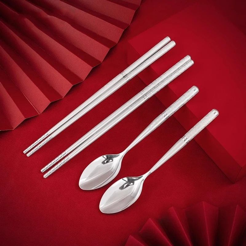 

99.9% Pure Silver Chopsticks Set with 100 Wishes Precious Silver Spoons Chinese Food Grade Silver Tableware for Elegant Dining