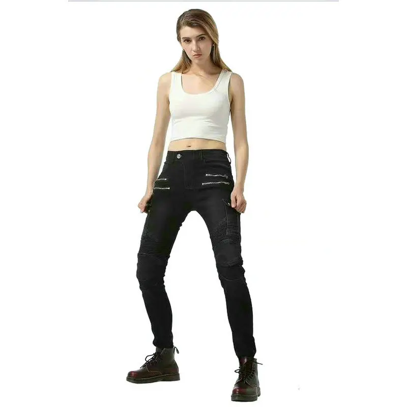 Loong motociclista feminino calças de equitação cavaleiro diário jeans casuais para mulheres moda pouco magro calças protetoras preto