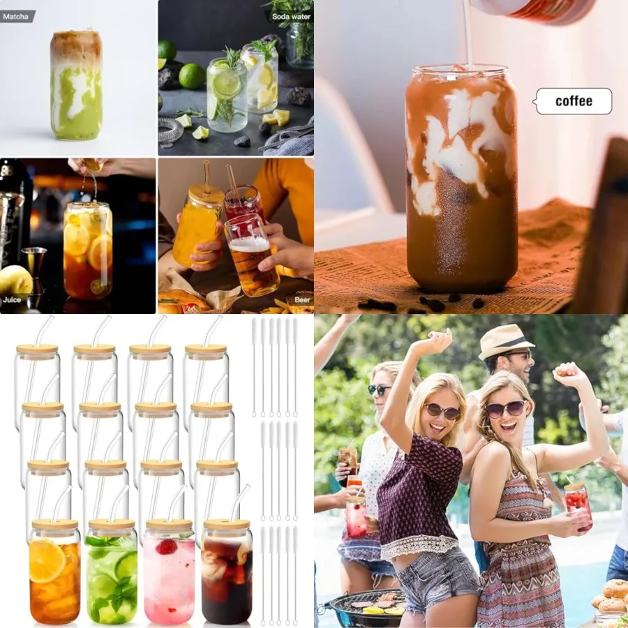 

Glass Cups with Lids and Straws Set of 16 16oz Iced Coffee Tumblers for Holiday Parties, Family Gatherings, and Everyday Hostin