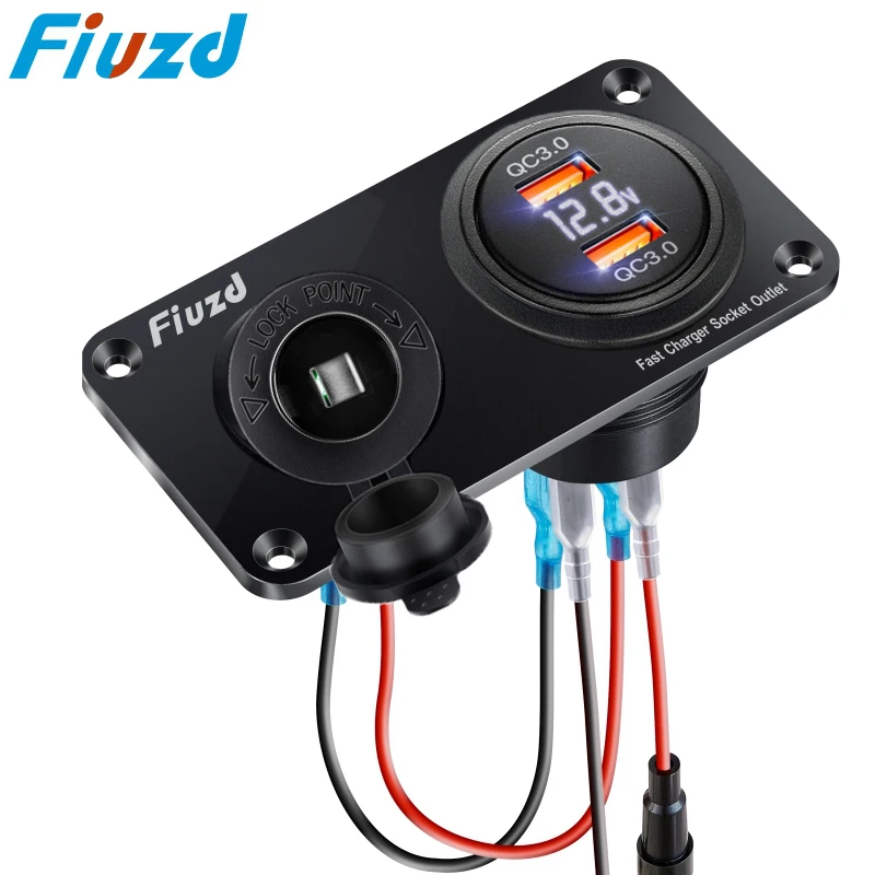 

12V USB Panel Socket 2 in 1 Dual USB Charger with Cigarette Lighter Digital Voltmeter for Car Boat Truck RV