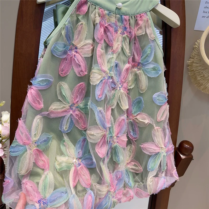 Girls Bowknot Dress 2024 Summer New Princess Dresses Little Girl Fashion Colorful Flower Yarn Dress Kids Sleeveless Party Gown