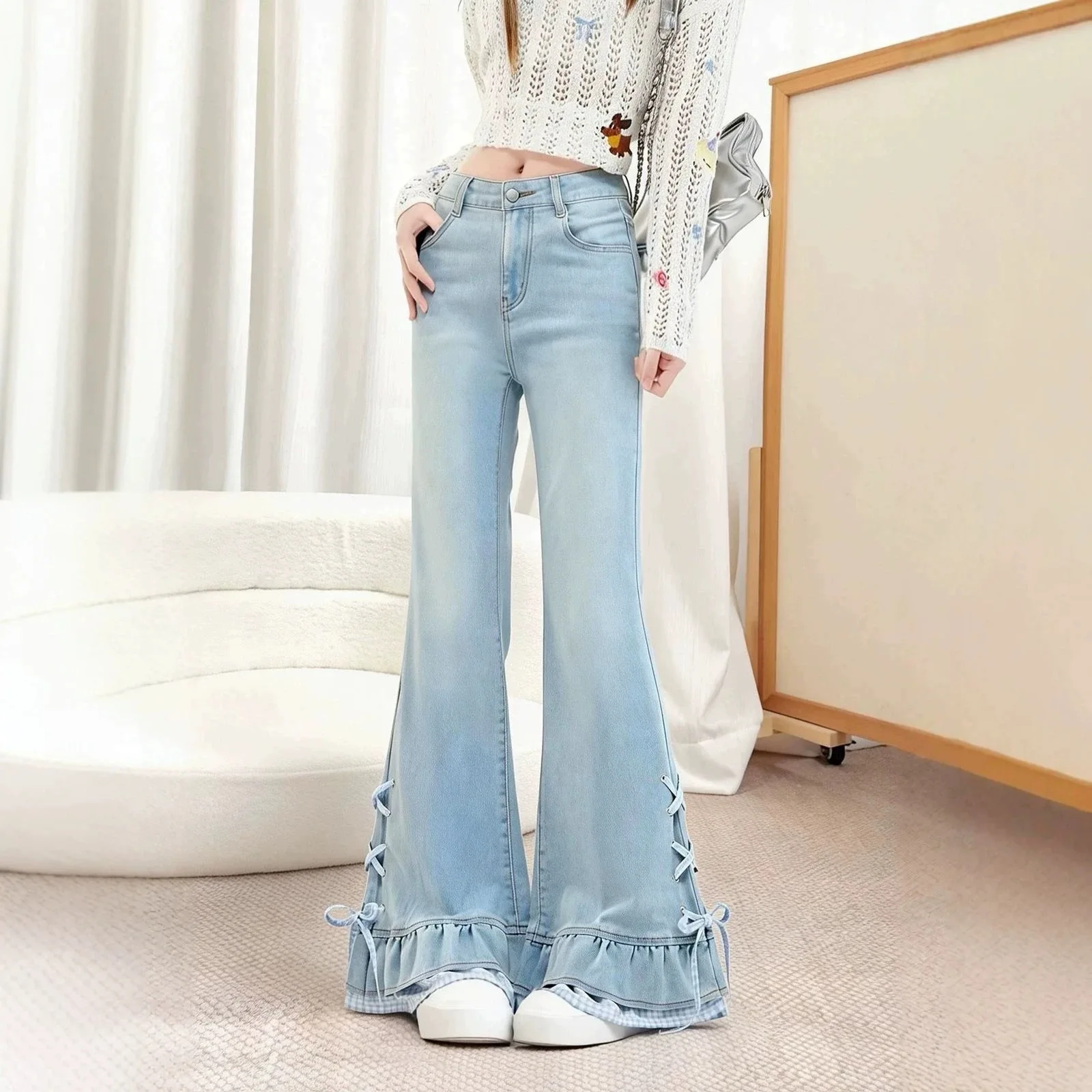 2026 Women Thin Soft Denim Micro Flare Jeans Summer Spring Autumn Petite Fit Fashion Pants for Ladies Daily Stylish Outfit
