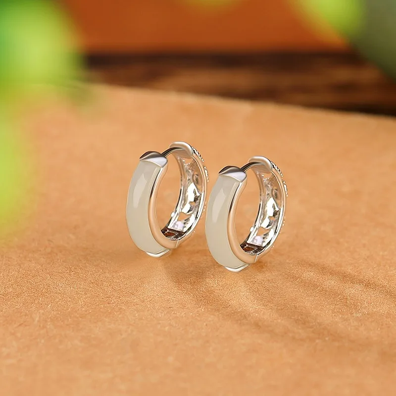 

TIMESWIND Temperament Women Natural Jade White Curved-Shaped Women S925 Silver Earrings with Certificate