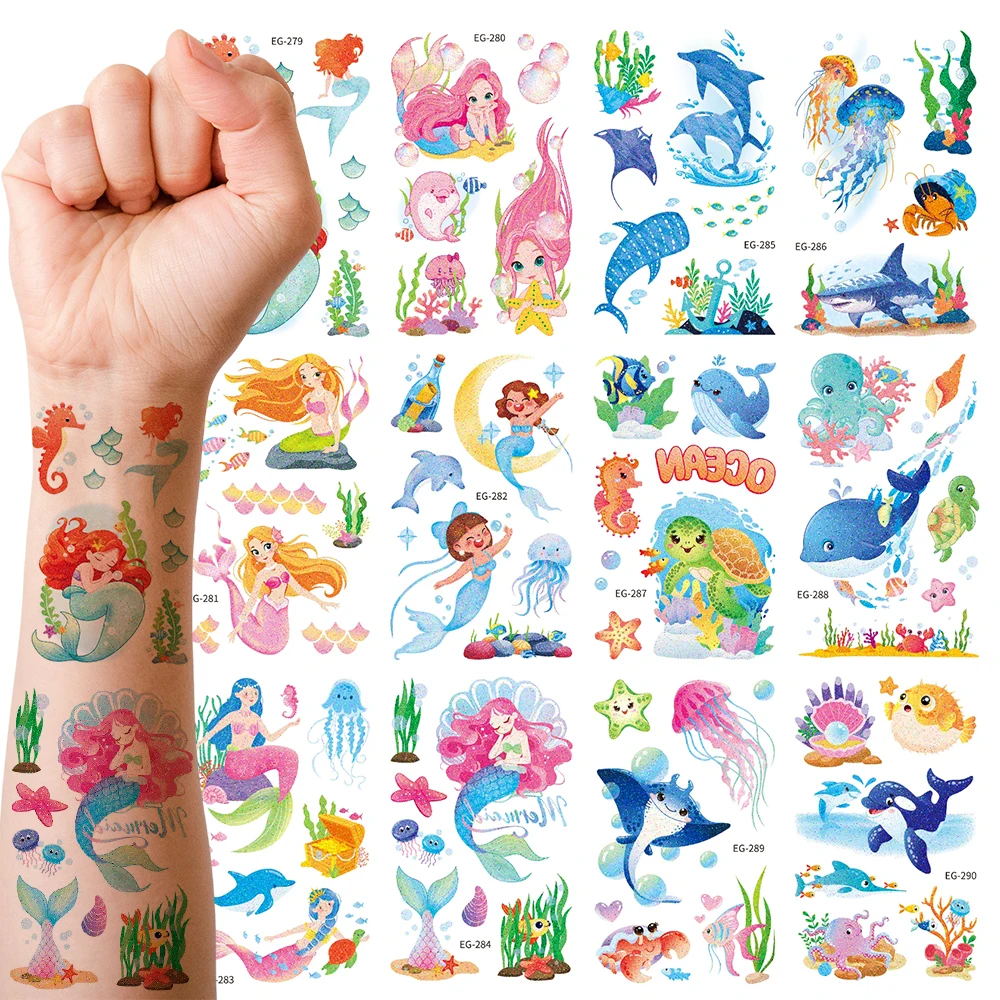

12 листов блестящие временные татуировки с русалкой наклейки для женщин водостойкие океанские морские животные татуировки наклейки идеально подходят для дня рождения