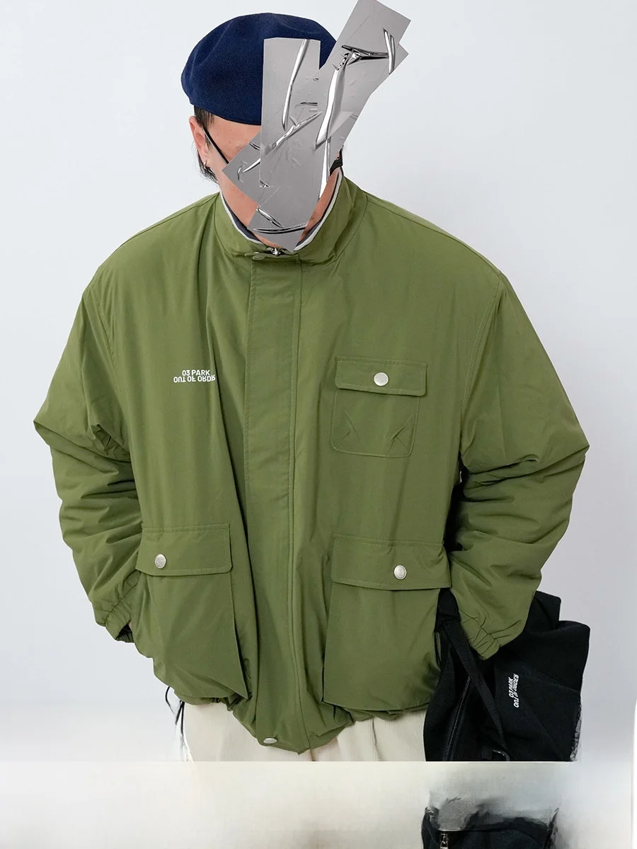 O3PARK Outdoor Cotton Jacket Loose Fit Thickened with Cotton Multi-Pocket Waterproof Zipper Closure Windbreaker Coat