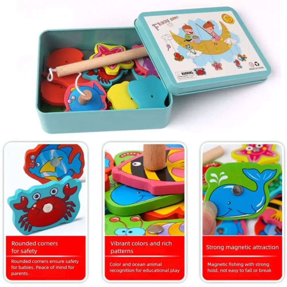 Multicolor Montessori Fishing Game Wood Cartoon Fish Fish Catching Game Magnetic Design Interactive Toy Educational Toy