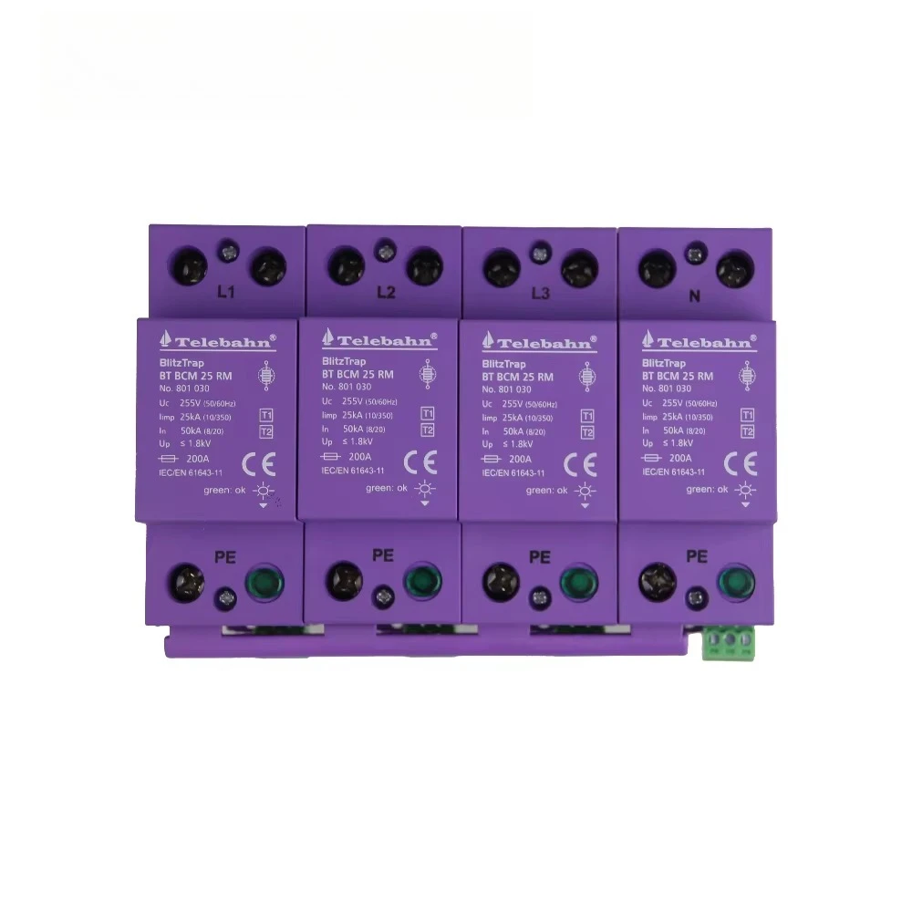 4P 255V 25kA 10/350μs AC SPD 8/20μs 50-100kA L-PE/N-PE Three-Phase Surge Protector for TNC-S/TN-S