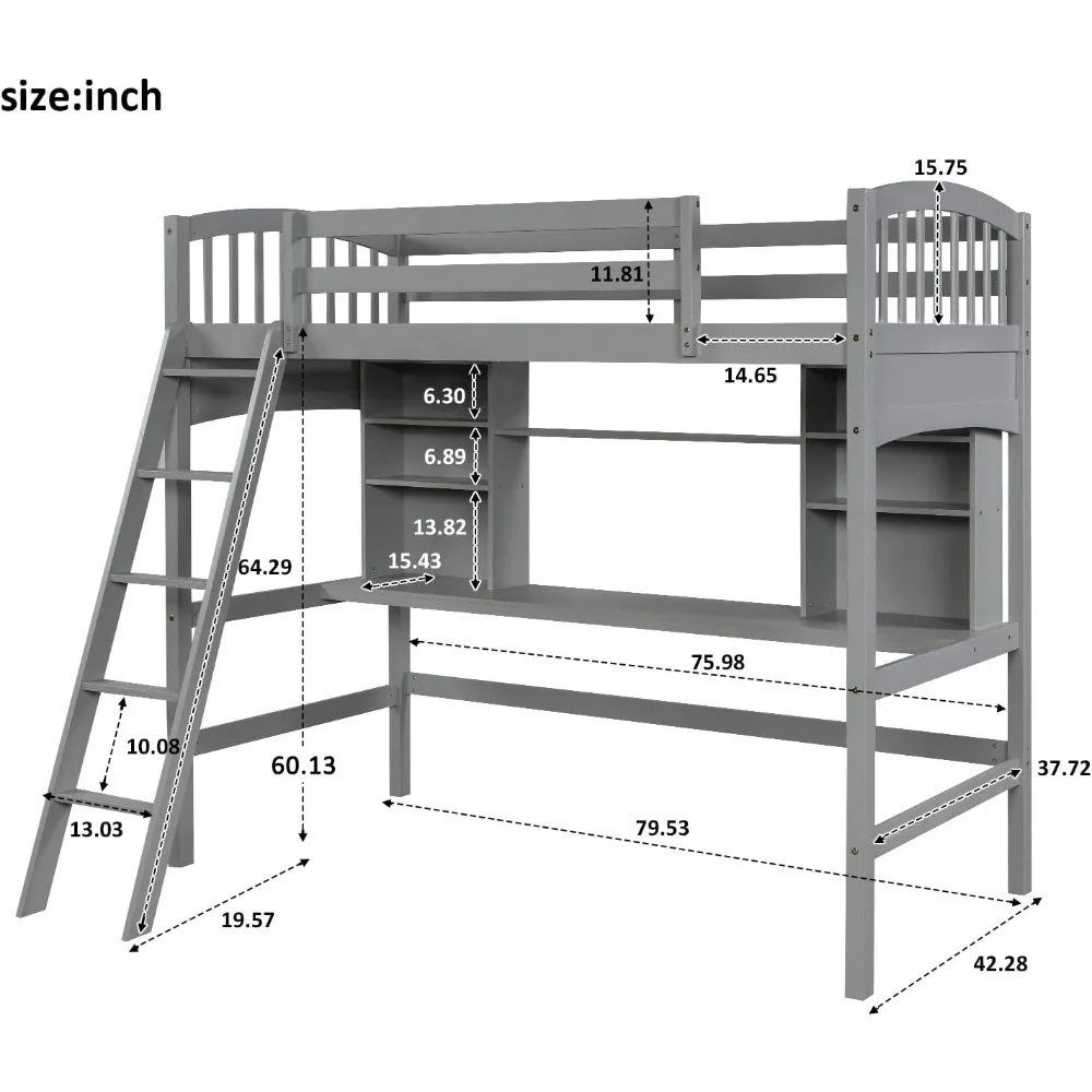 Twin Loft Bed.Twin Size Loft Bed with Desk and Storage Shelves,Solid Wood Loft Bed Frame with Bookcase,High Bed with Ladder