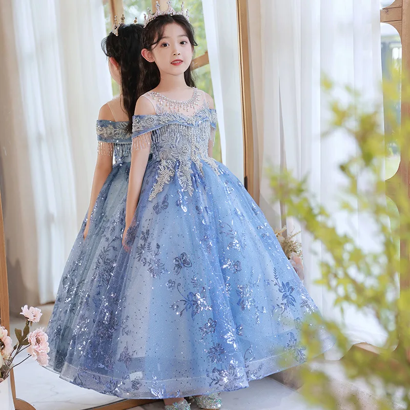 

Children Formal Occasion Dress for Weddings Pageant Luxury Sweep Train Dresses Kids Flower Girls Embroidered Long Evening Gowns