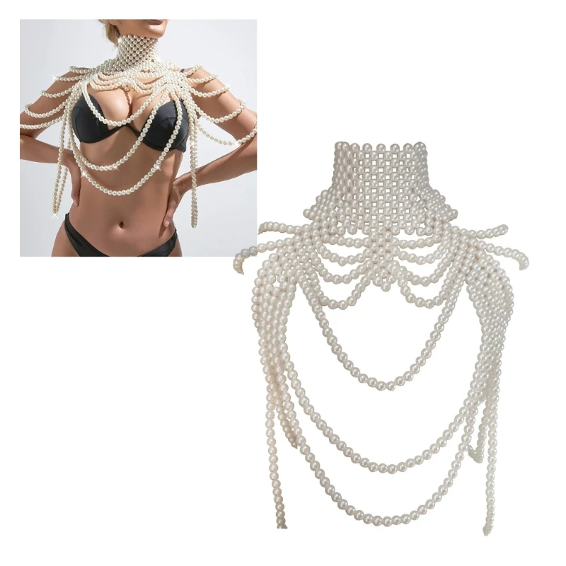 

Sexy Pearls Shoulder Chain Fashionable Body Chain Necklace Artistic Photo Stylish Shoulder Necklace for Ladies