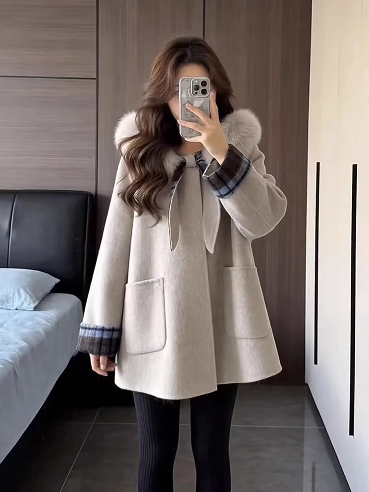 

Spring 2026 Thickened Warm Woolen Coat Women's Fashion Anti-Aging Large Fur Collar Grey Korean Style Loose Fit Long Sleeve