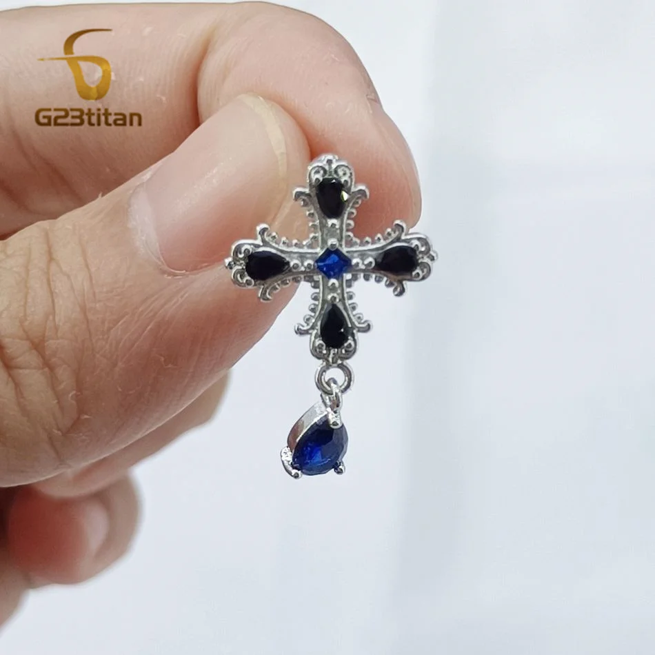 Moda a forma di croce ciondolo goccia d'acqua bilanciere inverso anelli ombelico 14G titanio blu zircone gioielli pancia cattolica cristiana