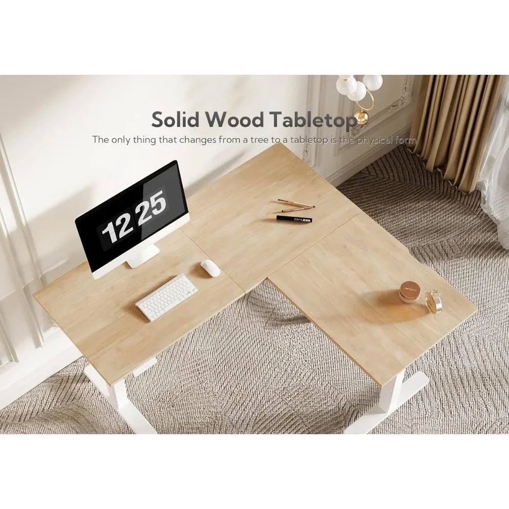 Madeira maciça Motor Triplo L Em Forma De Mesa Em Pé, Canto Stand Up Table, Altura Ajustável, Casa E Mesa De Escritório, Natureza, 63x55 pol