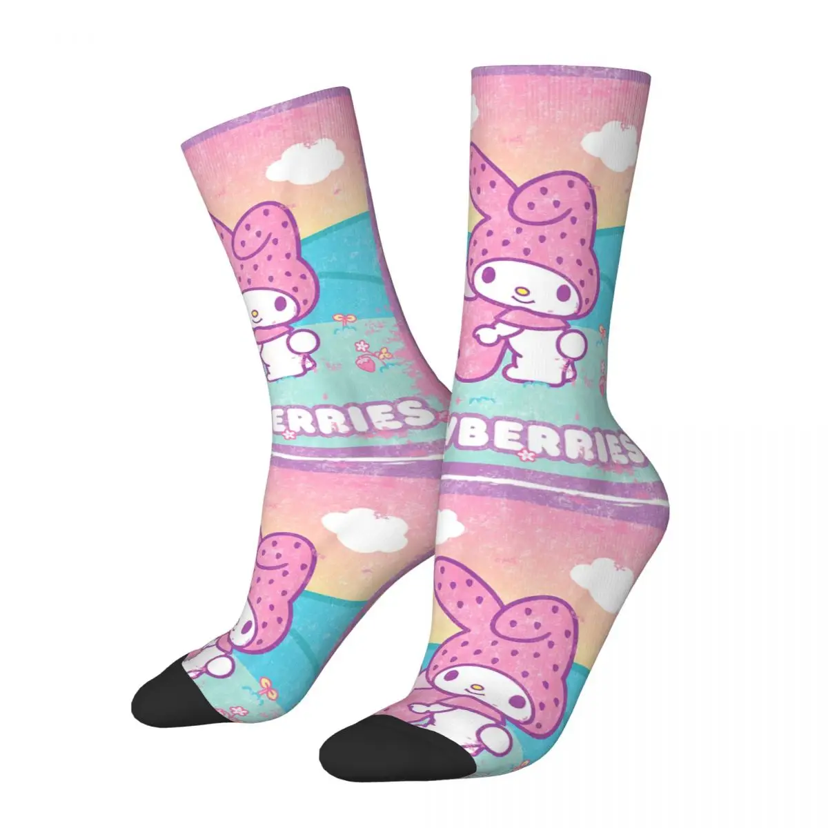 Retro My Melody Strawberry Milk Basketball Socks Polyester Middle Tube Socks for Women Men Non-slip