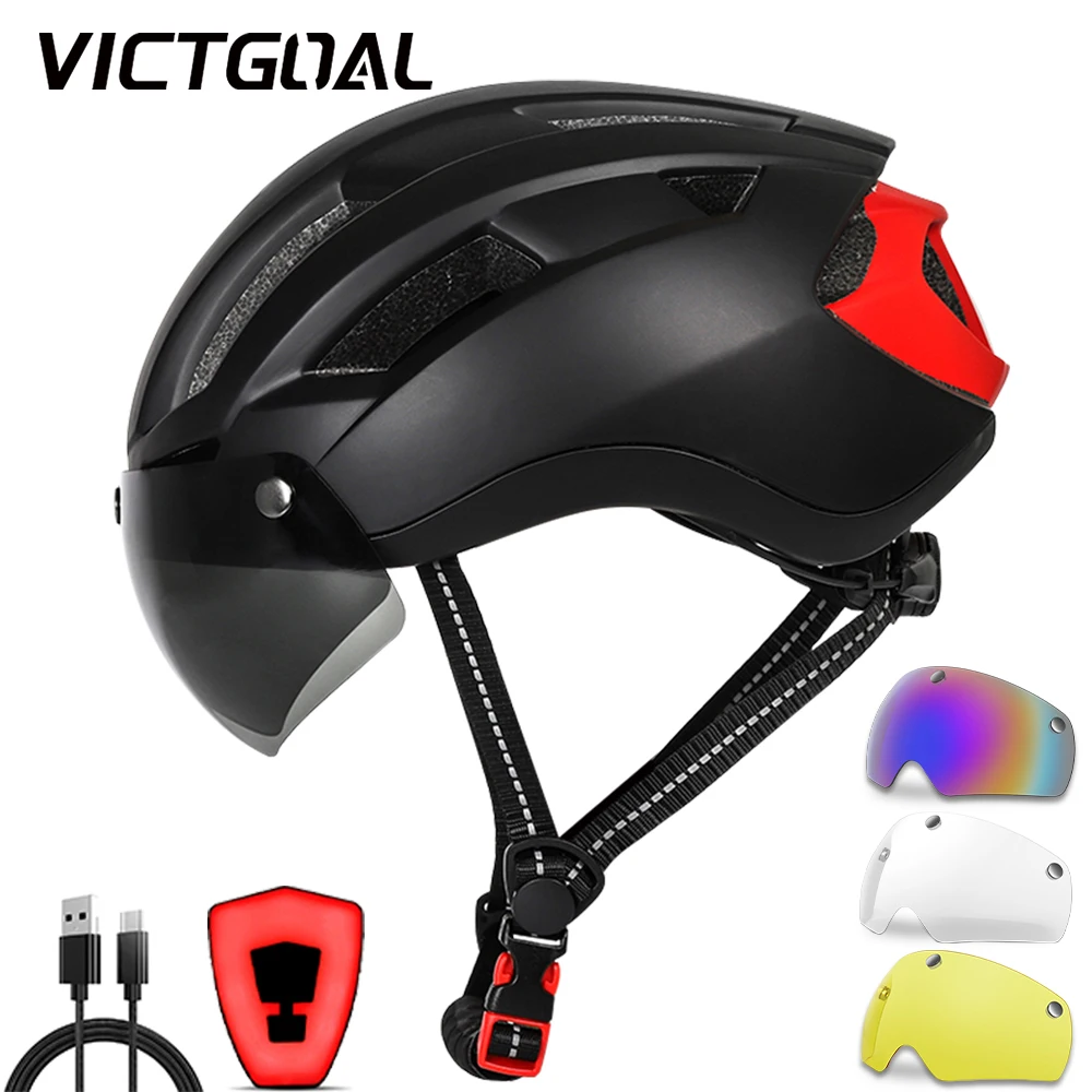 VICTGOAL MTB Bicycle Helmet Men Adults Goggles Lens Cycling Helmet LED Light Mountain Road Scooter Racing Bike Safety Helmets