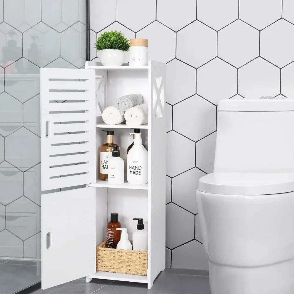 A bathroom storage cabinet， Bathroom Floor Cabinet Freestanding Double Door 3-Tier Side Storage Organizer Cabinet Unit