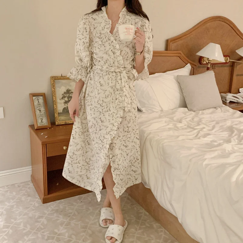 Soft Floral Summer Korean Short Sleeve Sweet Nightgown Women Two Piece Set Pajamas Print Flowers Casual Elegant Sleepwear Ins