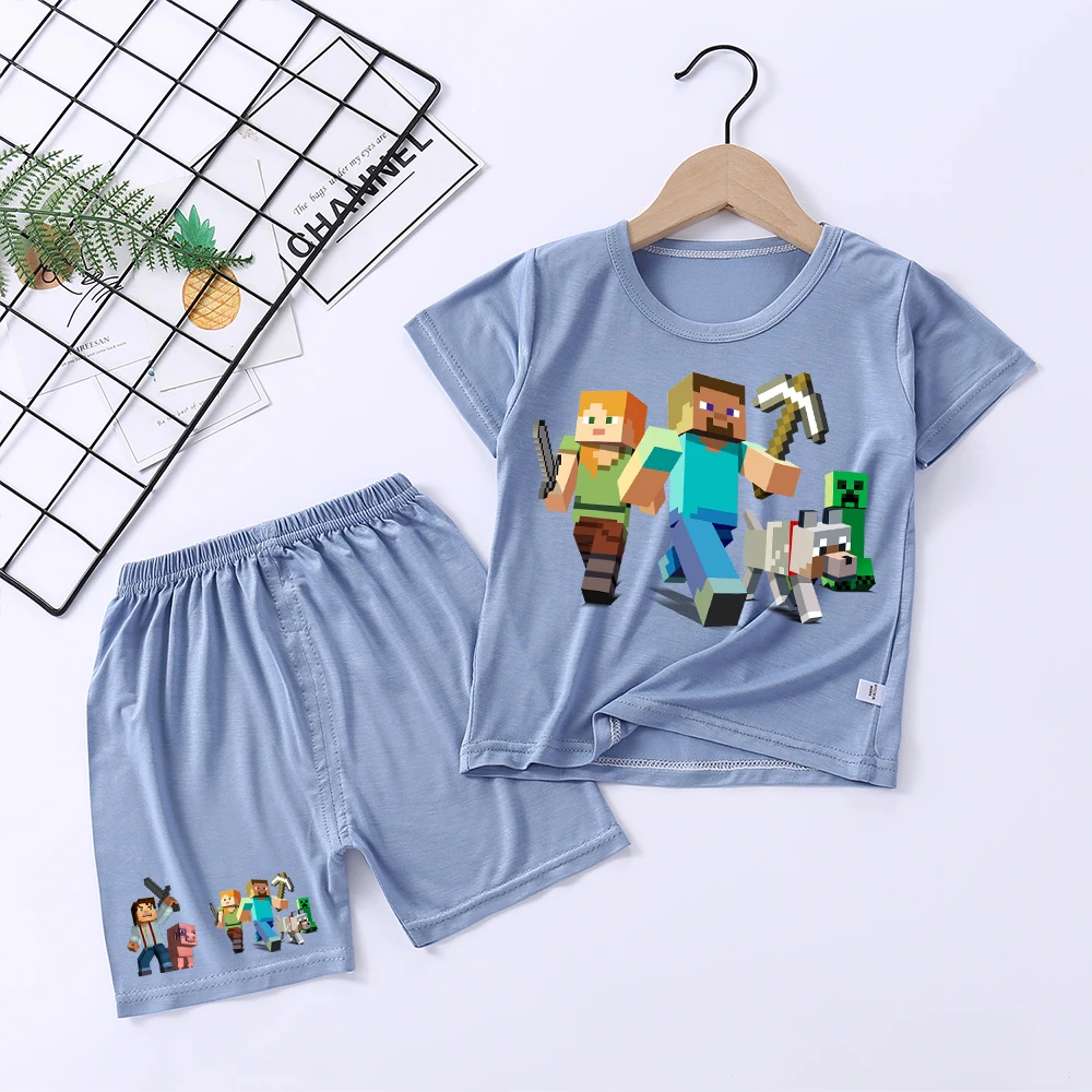 Miner Crafting Pixel Children T Shirt Tops Suit Cute Anime Nightclothes Clothes Pants Nighty Pajamas Short Kids Birthday Gifts