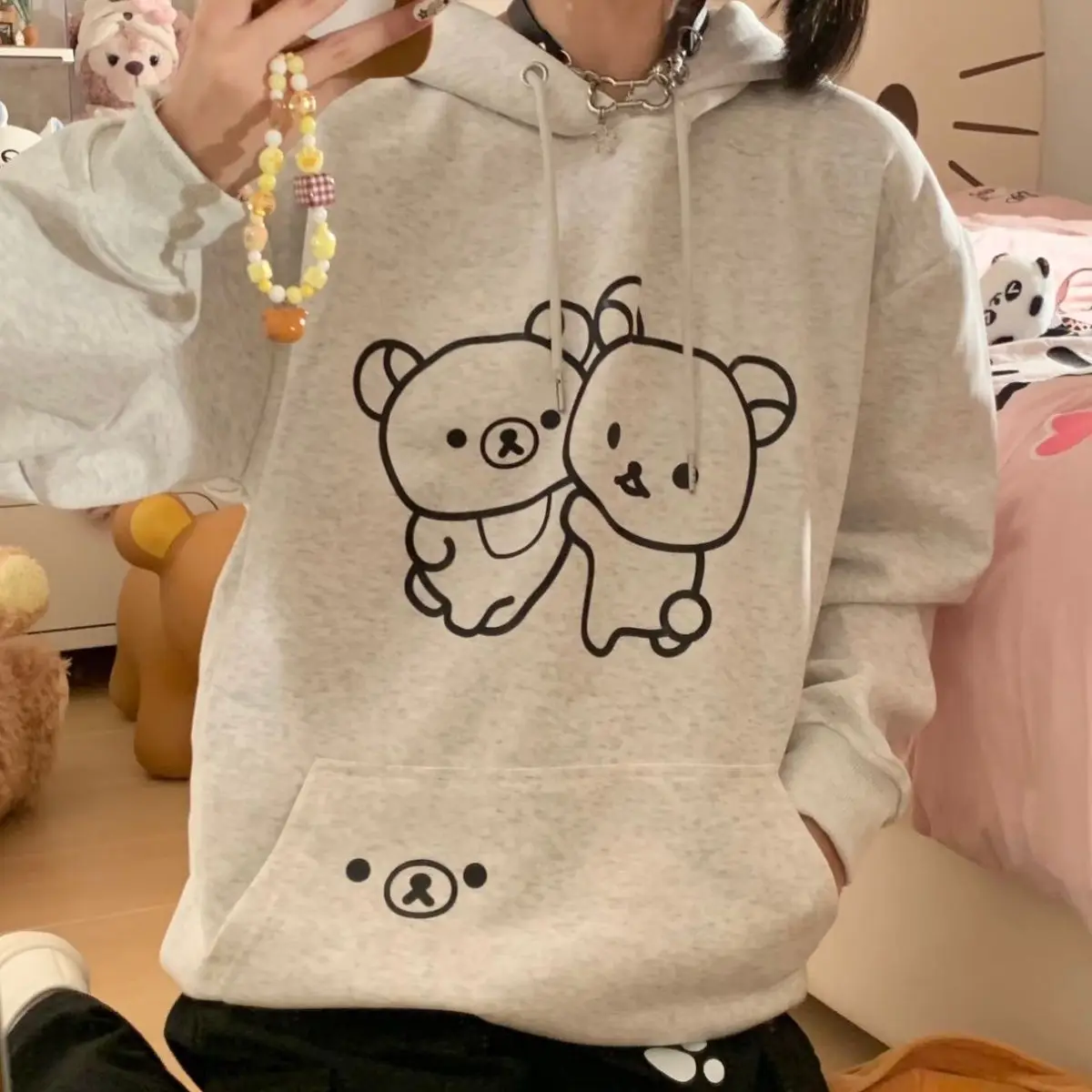 

Толстовка с рисунком медведя Rilakkumas, толстовка с принтом медведя Korilakkuma для женщин и девочек, свободный утепленный зимний теплый пуловер, уличная одежда