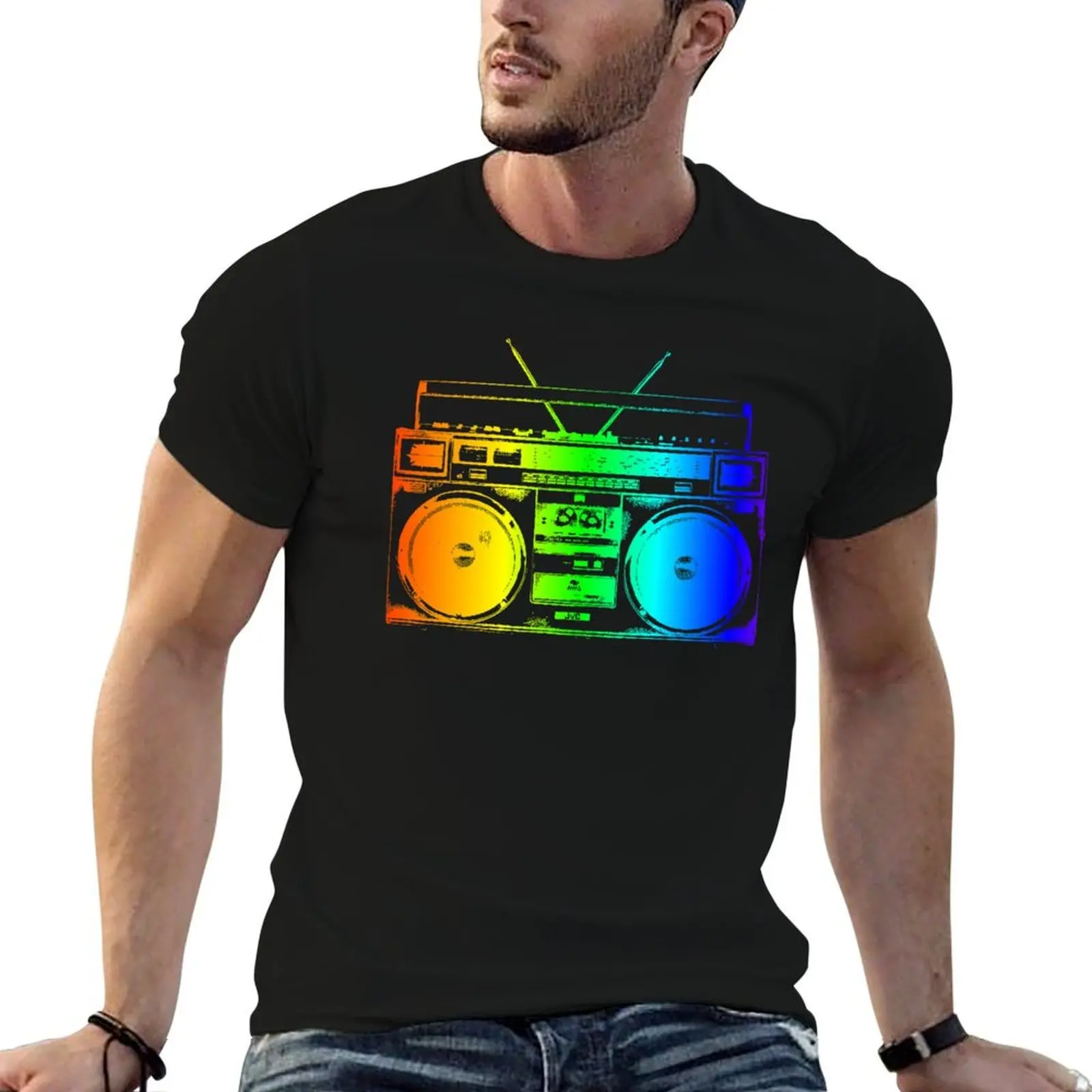 Camiseta Boombox Ghettoblaster Rainbow 80s Neon Glow Retro Tie Dye Art, camiseta para hombre, camisetas lisas para hombre, camiseta gráfica vintage