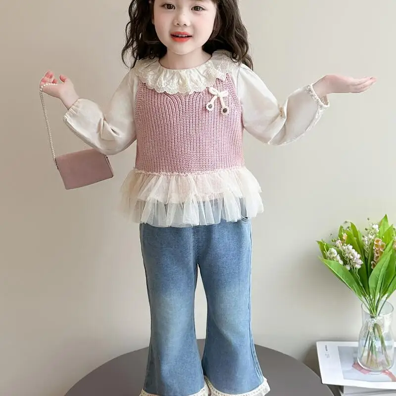 

Комплект детской одежды для девочек: трикотажный жилет, джинсы, весна-осень 2026, новая коллекция, детский костюм-тройка