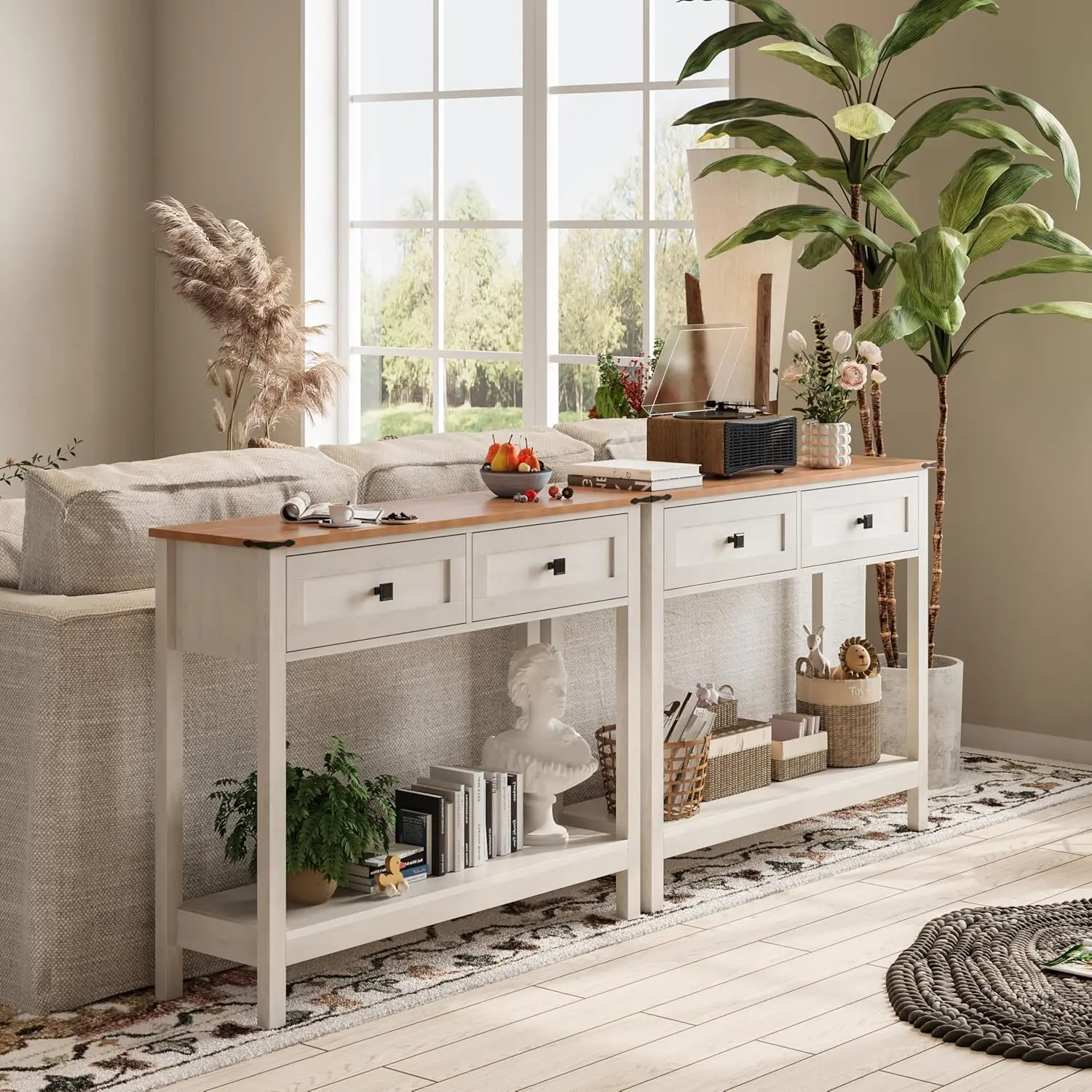 Console Table with 2 Drawer for Entryway Rustic Sofa Table with Open Storage Shelf Hallway Table with Wooden Frame for