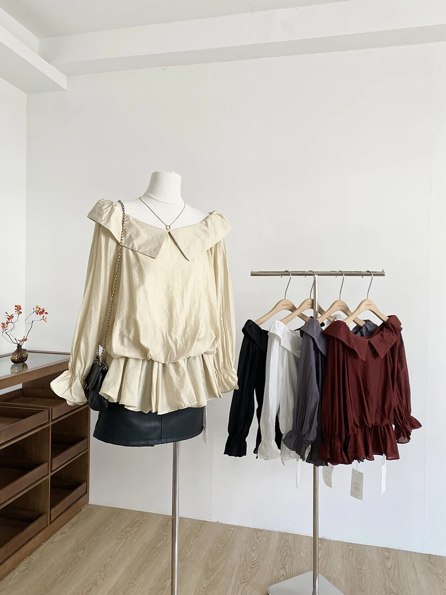 

Fashionable Long Sleeve Shoulder Bared Women's Shirt Spring Autumn Polyester Fiber Slimming Gored Versatile Loose Top