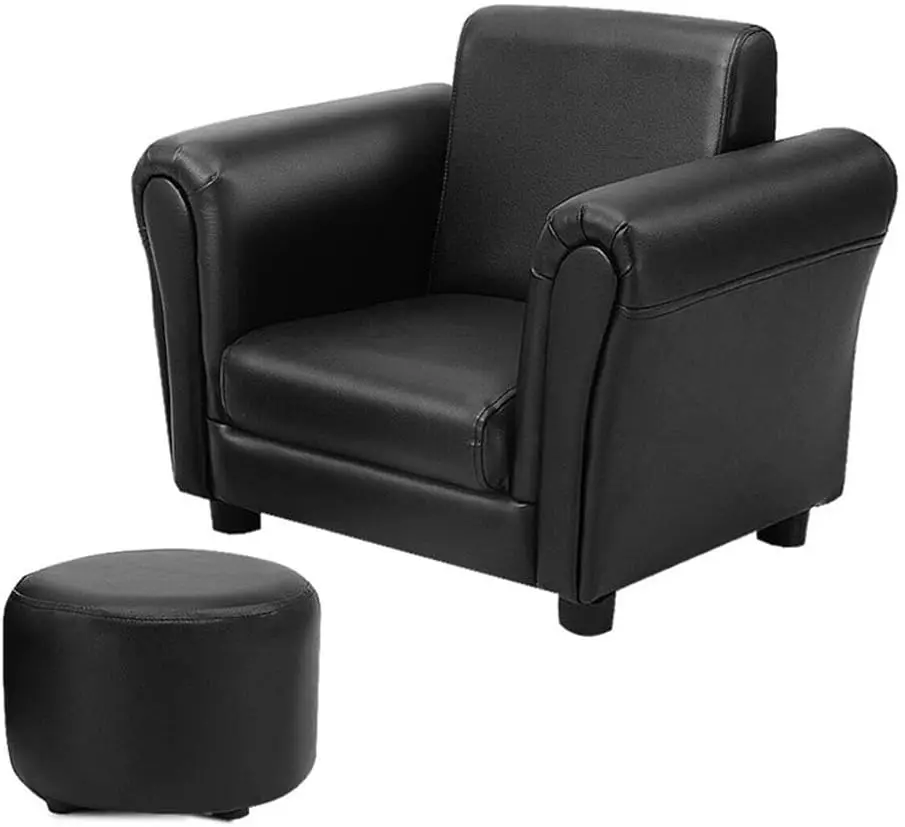 Modern Black Polyurethane Kids Sofa with Matching Ottoman for Bedroom or Playroom – Stylish and Durable Furniture Piece