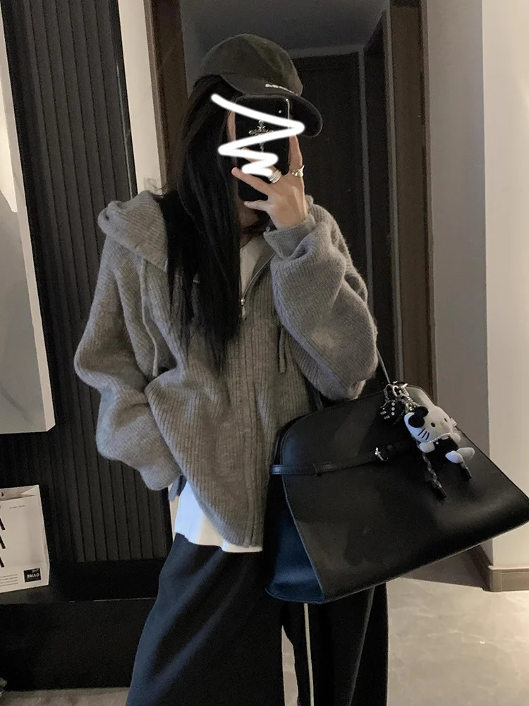 2025 Otoño Invierno nuevo suéter con capucha y cremallera para mujer cárdigan sudadera de punto