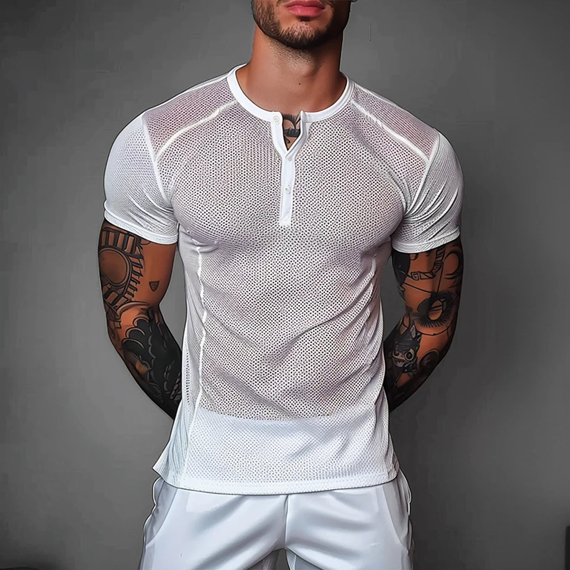 Summer Casual Hollow Out T Shirts For Men Fashion Solid Color O Neck Buttoned Henley T-shirt Mens Sexy Slim Transparent Mesh Tee